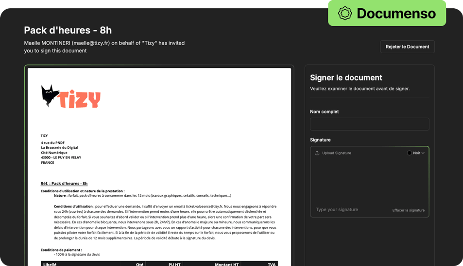 Signature électronique d’un devis avec Documenso sur l’interface Tizy