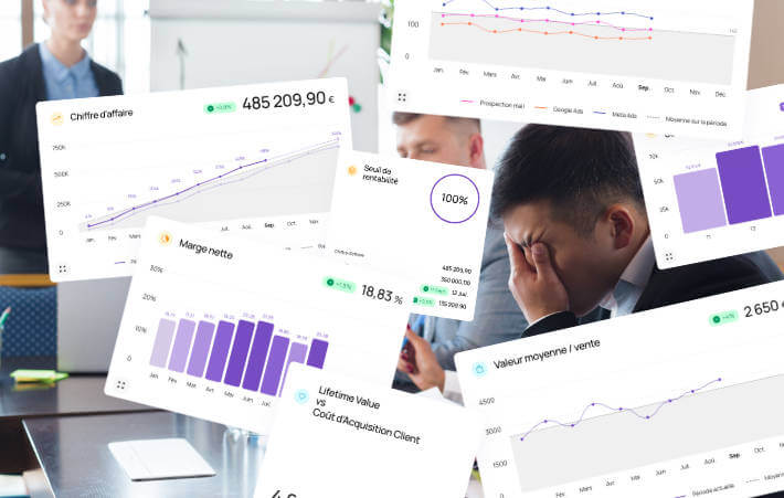 Un dirigeant accablé par trop de KPIs dans ses tableaux de bord en réunion