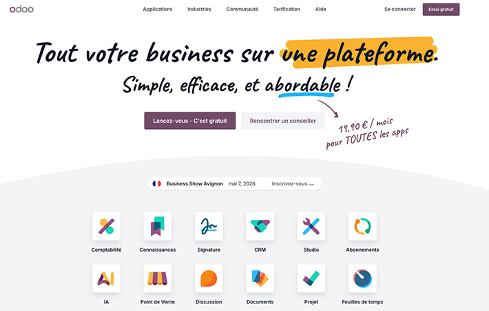 Odoo est une suite d'applications open source couvrant tous les besoins de votre entreprise : CRM, eCommerce, Comptabilité, Inventaire, Point de Vente, etc